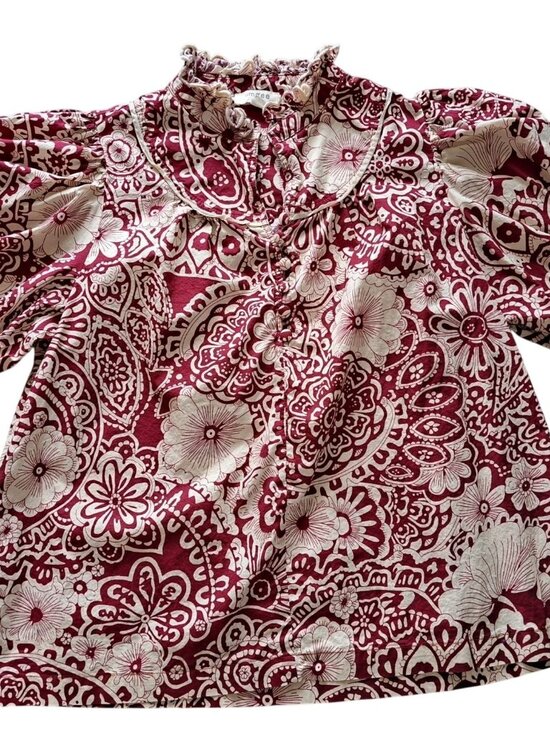 Umgee Tops - Umgee Burgundy Paisley Floral Print Boho Peasant Blouse Ruffle Sleeves Cotton M